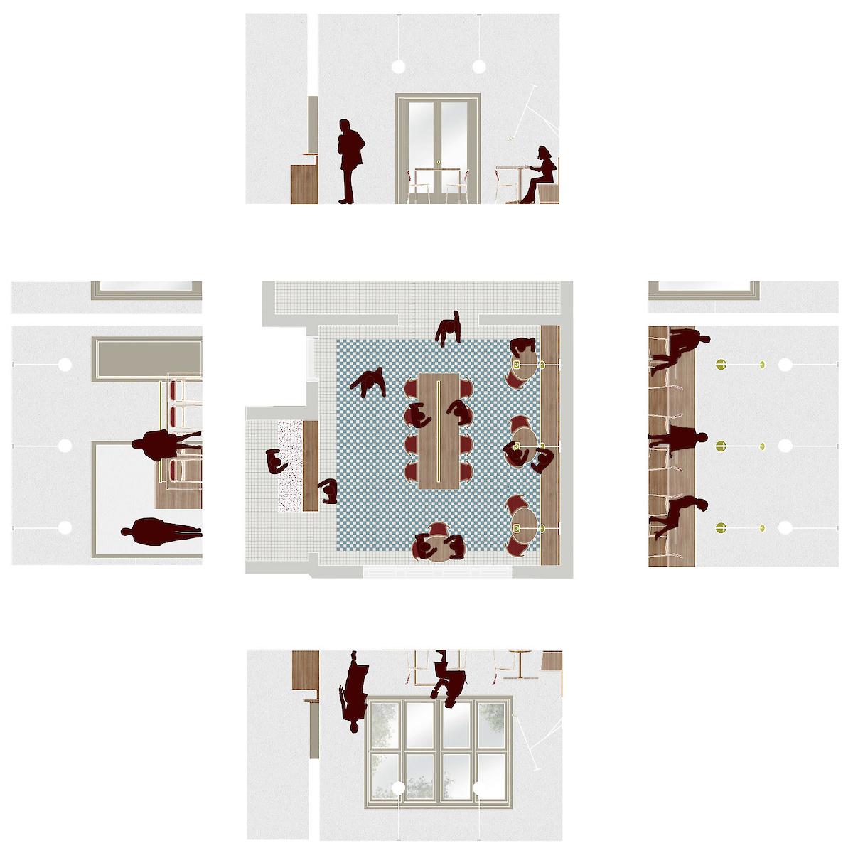 Floor and wall layouts of the cafe