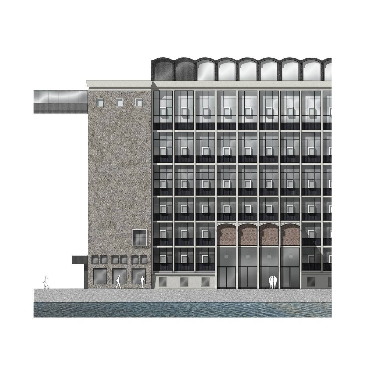 Impressie van de getransformeerde noordelijke façade van de meelfabriek
